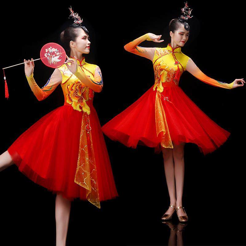 快板演出服女打鼓开 场舞大摆裙广场舞洋装蓬蓬裙喜庆现代舞蹈服,女装/女士精品,民族服装/舞台装,淘宝优惠券,粉丝福利购,淘宝优惠卷