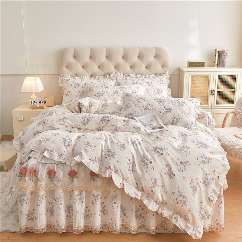 全棉蕾丝床裙四件套夹棉加厚床罩纯棉双人被套花边公主风四季通用