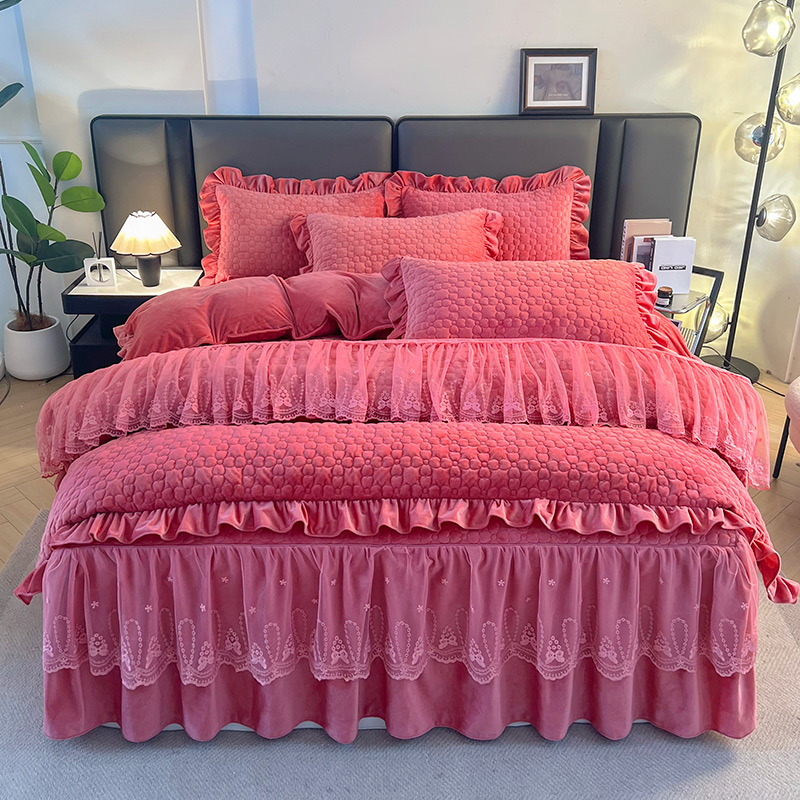高端婴儿绒牛奶绒夹棉床裙款花边被套四件套加厚冬季珊瑚绒面床单