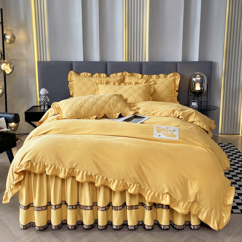 欧式夹棉床裙款四件套加厚纯色防滑床罩床套四季通用亲肤双人被套