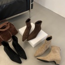 JADLI 新款4CM尖头低粗跟不累脚绒面短靴子短筒靴通勤低跟短靴女