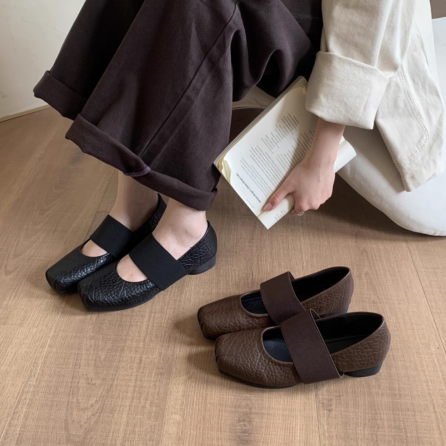 松紧带方头象纹一脚蹬低跟玛丽珍鞋2025秋简约百搭芭蕾舞晚晚鞋