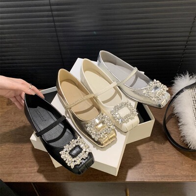 法式银色中高跟方头浅口单鞋