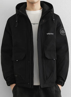 意大利工装风男士连帽棉衣加厚保暖多口袋宽松外套黑色冬季棉服男