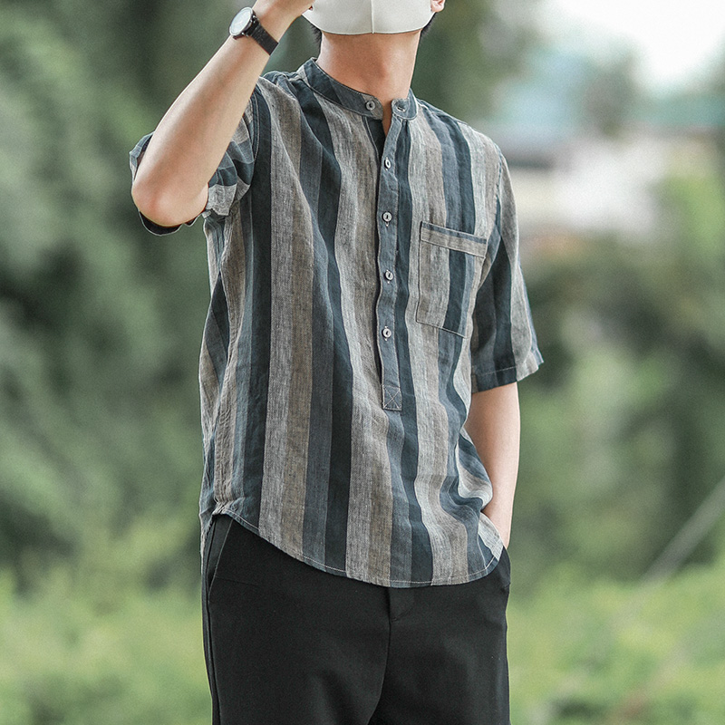 潮牌立领衬衫男士亚麻休闲五分中袖上衣夏季麻料休闲套头衬衣