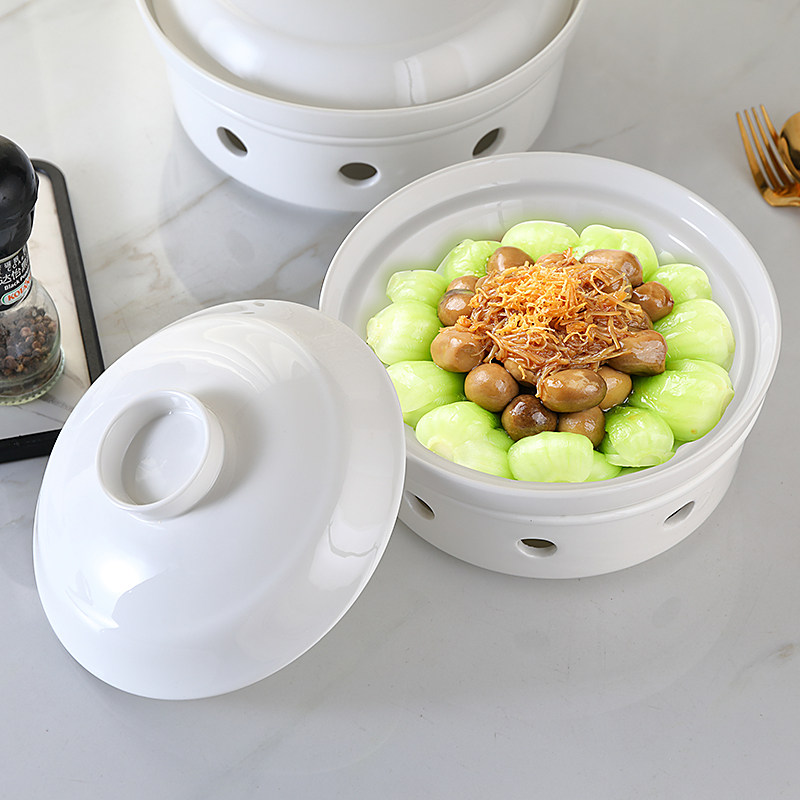 纯白酒店餐具干锅蜡烛保温鱼盘圆形汤盘梅花炉陶瓷热菜盘家用明炉