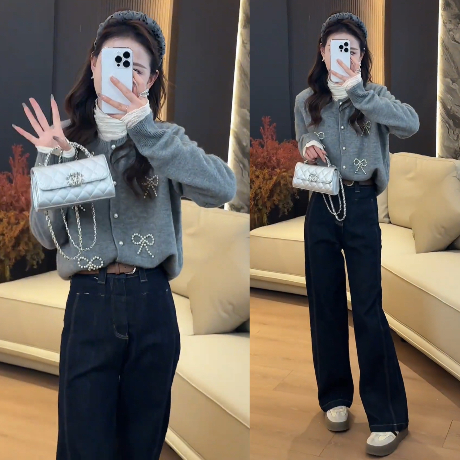 秋季新款姐妹蝴蝶钻百搭时尚针织衫开衫高领长袖打底直筒牛仔裤