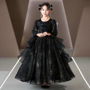 女童晚礼服轻奢小众高端黑色公主裙儿童走秀主持人钢琴演奏演出服