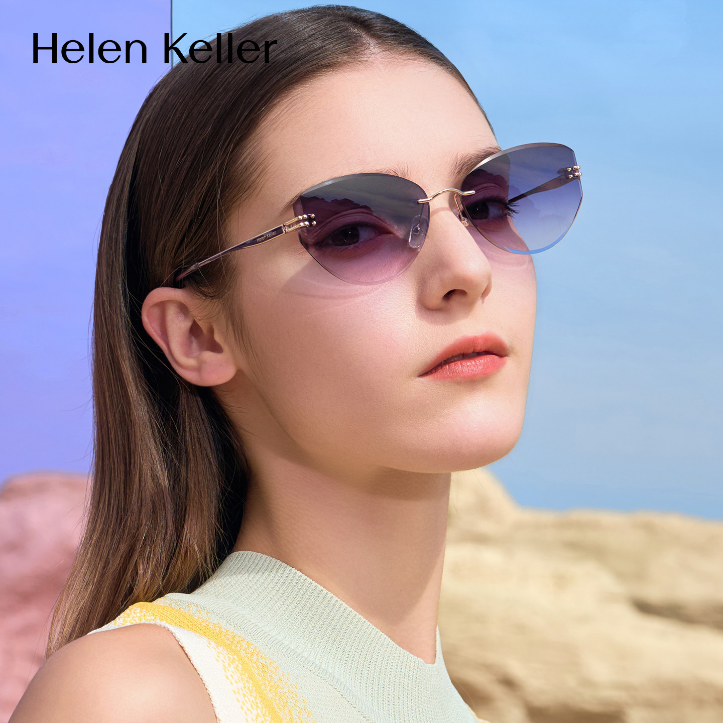 海伦凯勒钻石切边无框超轻太阳镜女大脸猫眼墨镜渐变优雅防紫外线