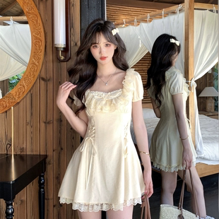 北海风铃 连衣裙蕾丝边气质显瘦短裙 法式 甜美温柔泡泡袖