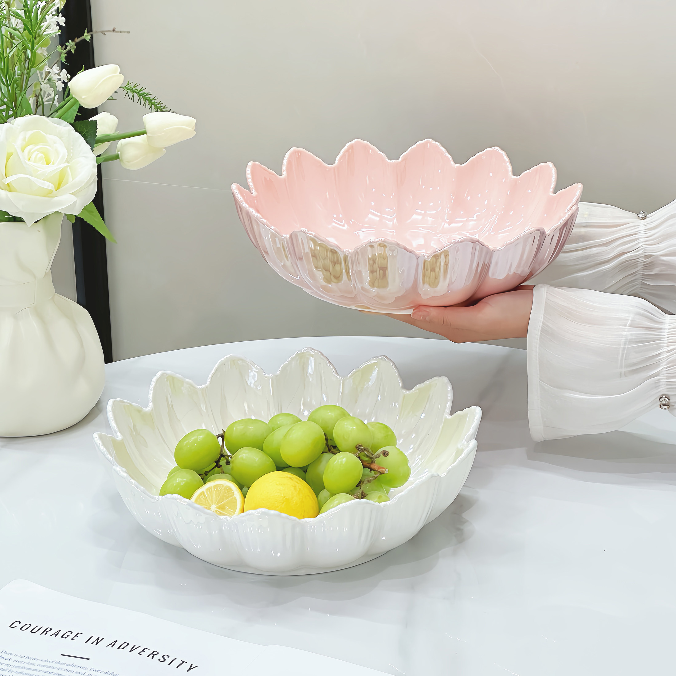 炫彩花瓣陶瓷果盘客厅茶几创意装饰摆件高颜值零食糖果收纳摆放盘