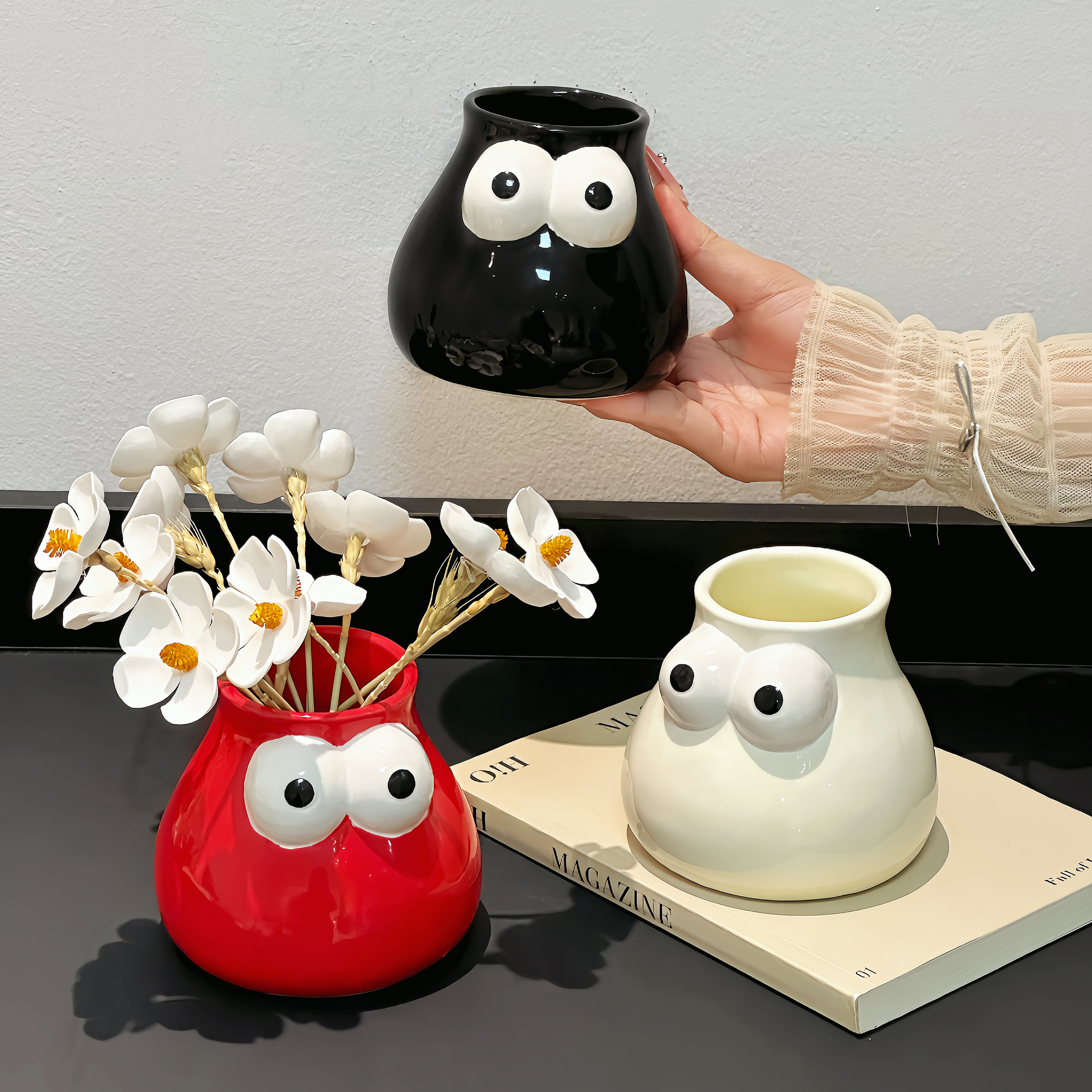 卡通搞怪大眼花瓶家用客厅餐桌干花插花陶装饰花器桌面创意小摆件
