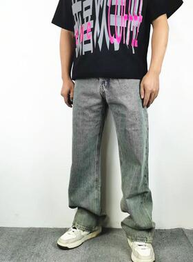 美式高街复古水洗褪色做旧脏染牛仔裤男休闲直筒百搭伐木微喇长裤