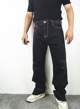 美式高街小众设计感明线弯刀扣眼裤型解构男宽松休闲直筒长牛仔裤