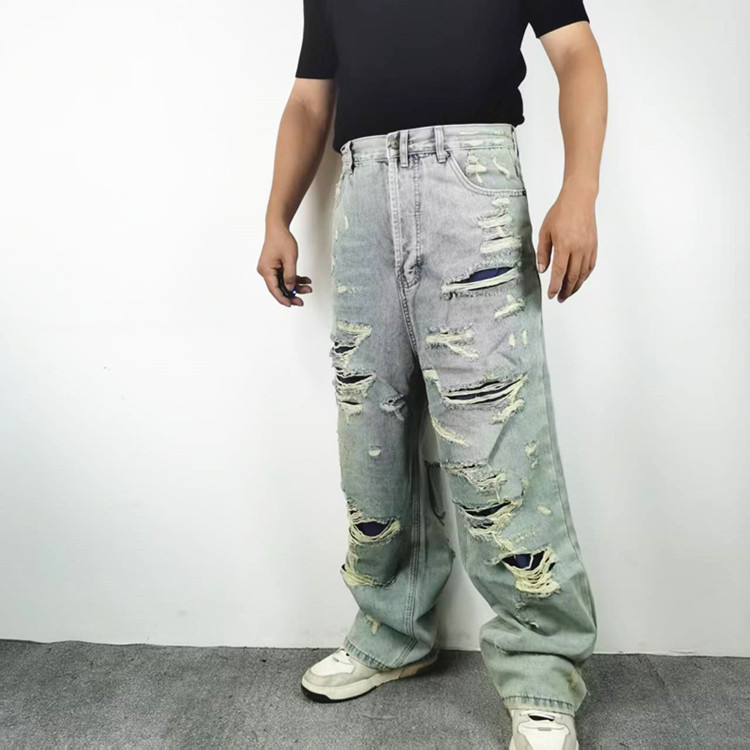 水洗做旧双层流苏破坏乞丐牛仔裤