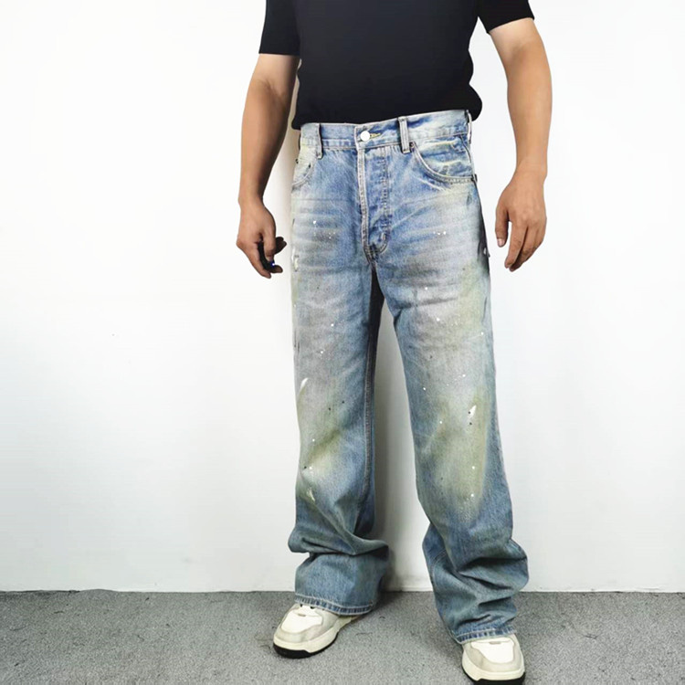水洗做旧泼墨脏染宽松休闲牛仔裤