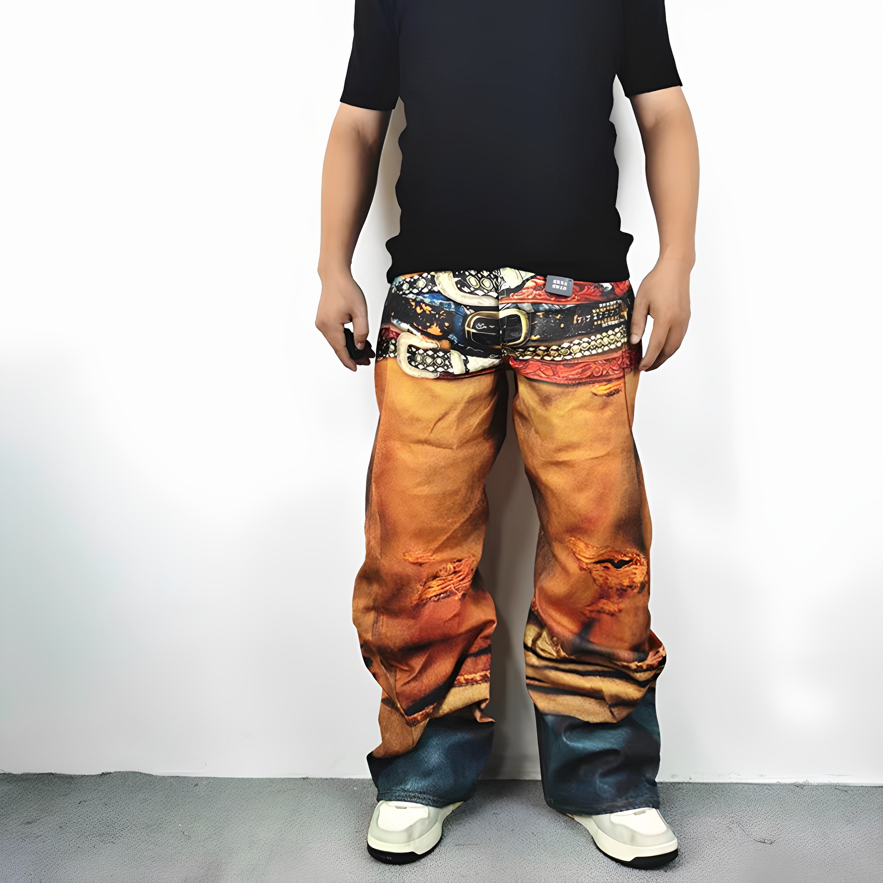 弯刀3D打印多腰带破洞错觉牛仔裤