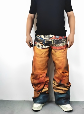 美式AC风格弯刀3D打印多腰带破洞错觉阔腿刷蜡个性工装长裤牛仔裤