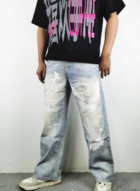 美式复古水洗3D数码印和平鸽蓝白牛仔裤男宽松百搭直筒休闲长裤子
