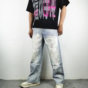 美式复古水洗3D数码印和平鸽蓝白牛仔裤男宽松百搭直筒休闲长裤子