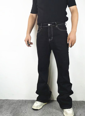 BootCut港式vibe风高街辑明线黑色微喇叭牛仔裤男宽松阔腿显高瘦