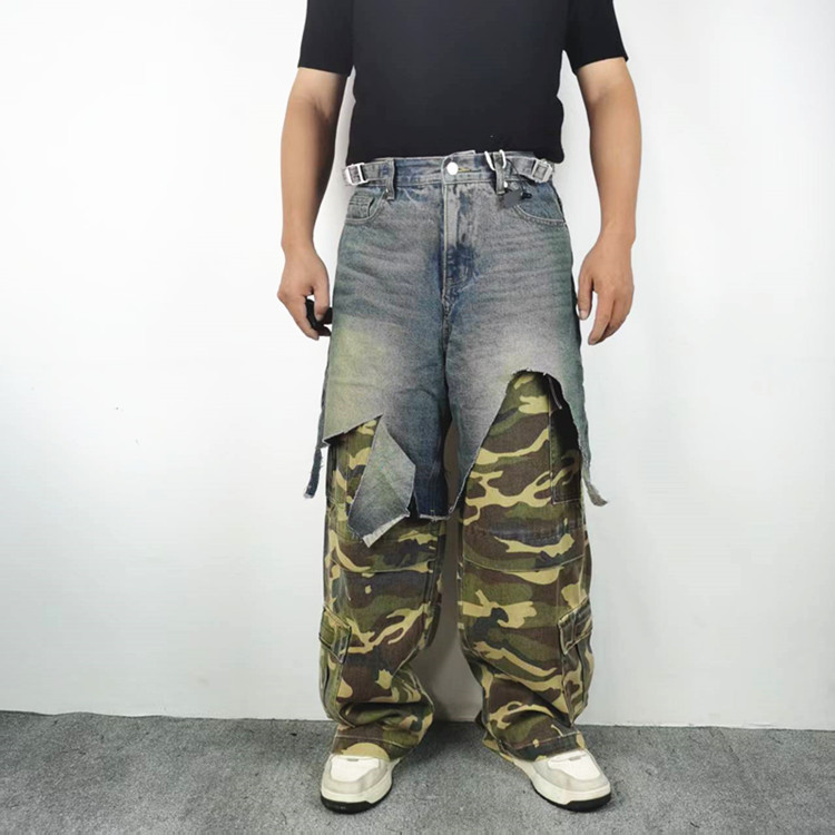 拼接假两条迷彩宽松工装牛仔裤男