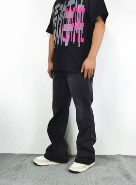 美式复古做旧黑灰色cleanfit微喇牛仔裤男生阔腿直筒修身休闲长裤