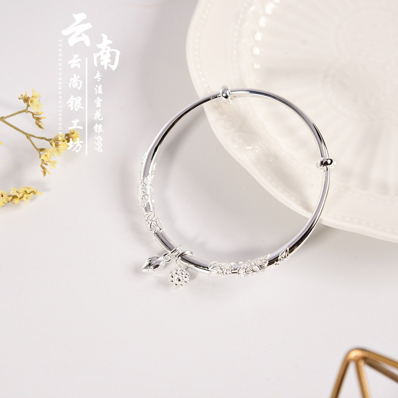 银手镯女 足银999纯银简约银饰年轻款宫铃镯子生日学生女神节礼物
