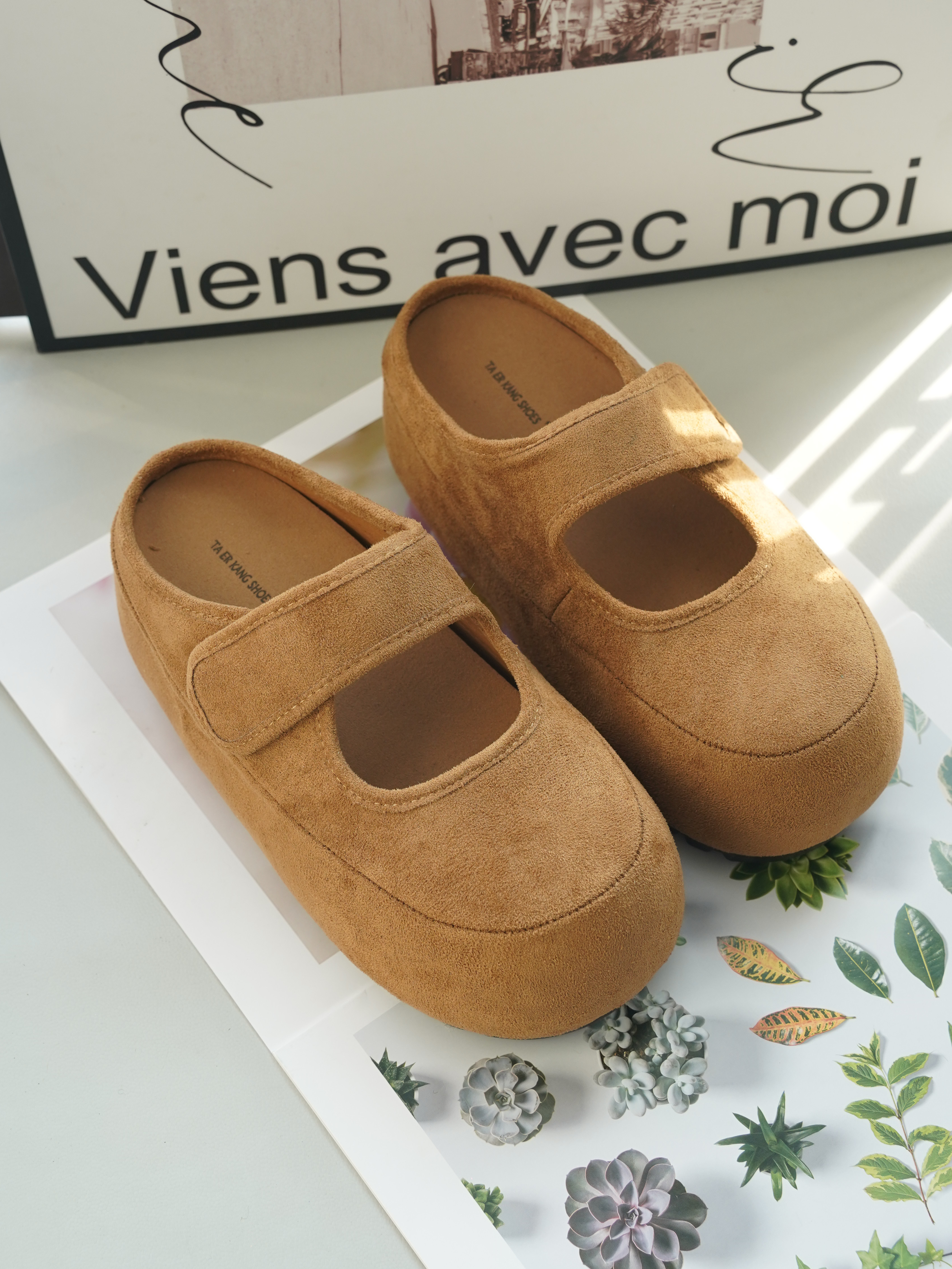 2026年春季新款真皮平底时尚魔术贴女鞋软底勃肯鞋女单鞋女豆豆鞋,女鞋,包头拖,淘宝优惠券,粉丝福利购,淘宝优惠卷