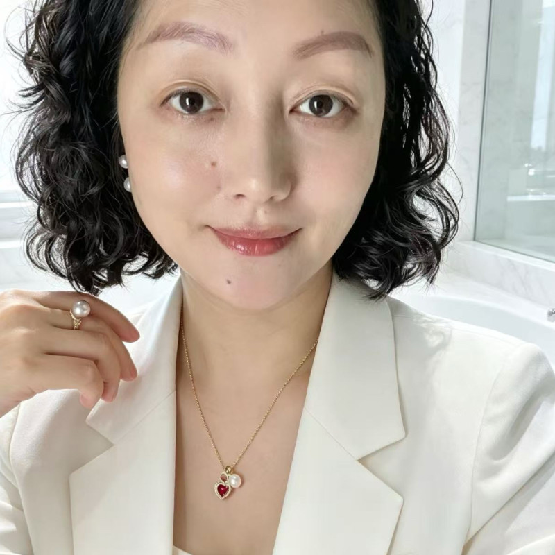 天然淡水珍珠吊坠微镶锆石精致可爱红宝石爱心珍珠项链
