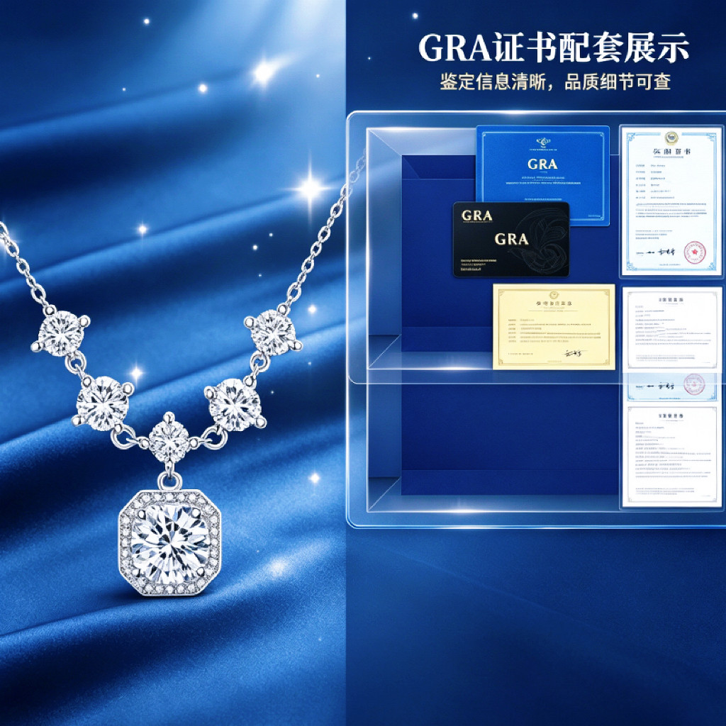 s925纯银方糖莫桑石项链ins女D彩色轻奢小众设计莫桑钻吊坠锁骨链