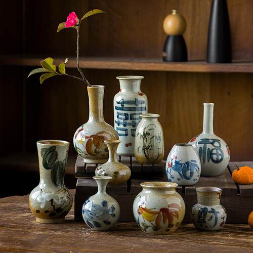 景德镇复古陶瓷粗手绘粗陶小花瓶