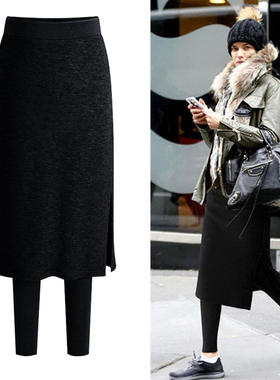 黑色高腰带裙子打底裤裙女外穿秋冬加绒加厚假两件一体包臀半身裙