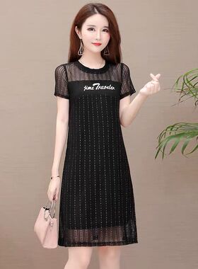 假两件黑色网纱连衣裙女2025年夏季新款小个子收腰显瘦包臀t恤裙
