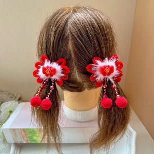 新年宝宝汉服头饰红色蝴蝶结毛球流苏发夹古风中国风女童绒花对夹