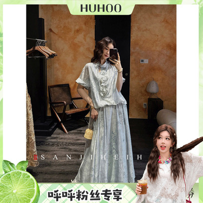 【呼呼专享】三吉黑花【禧礼】新中式醋酸炒色珠绣连衣裙