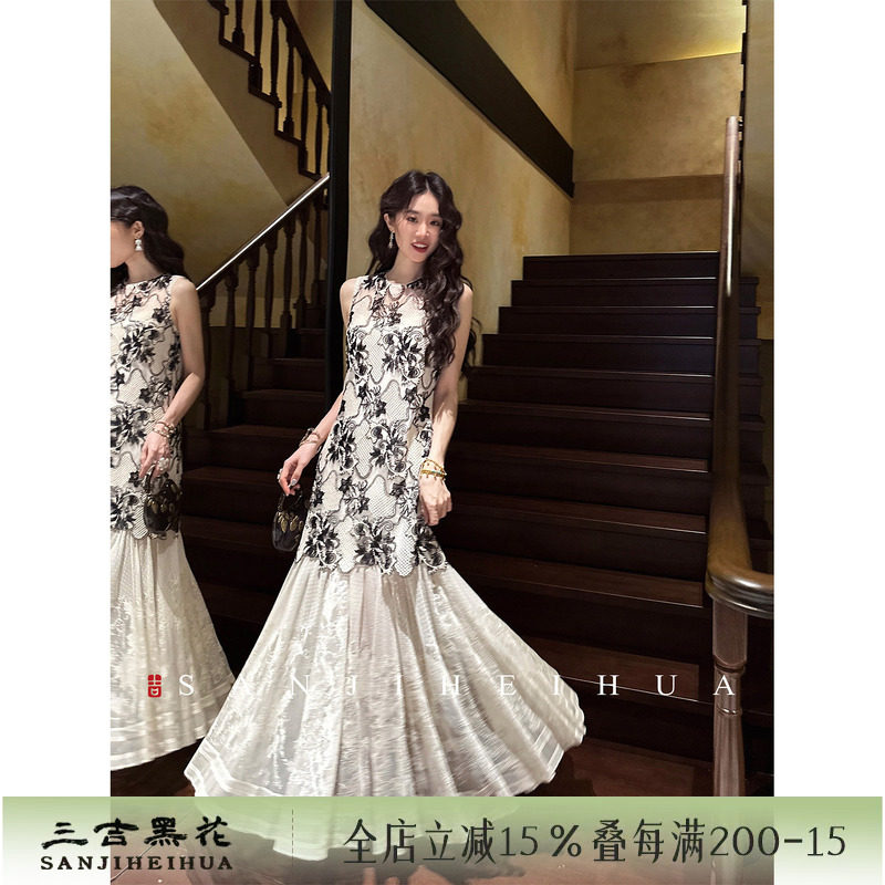 【芊芊粉丝专享】三吉黑花【竹间棋】新中式珠片绳绣蕾丝连衣裙子