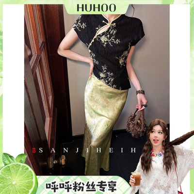 【呼呼专享】三吉黑花【同心泽】新中式国风烫金珠光绣花蕾丝斜襟