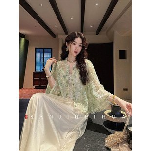 【倩姐专属】三吉黑花【香满衣】新中式珠片绣花蕾丝短袖衬衫女款