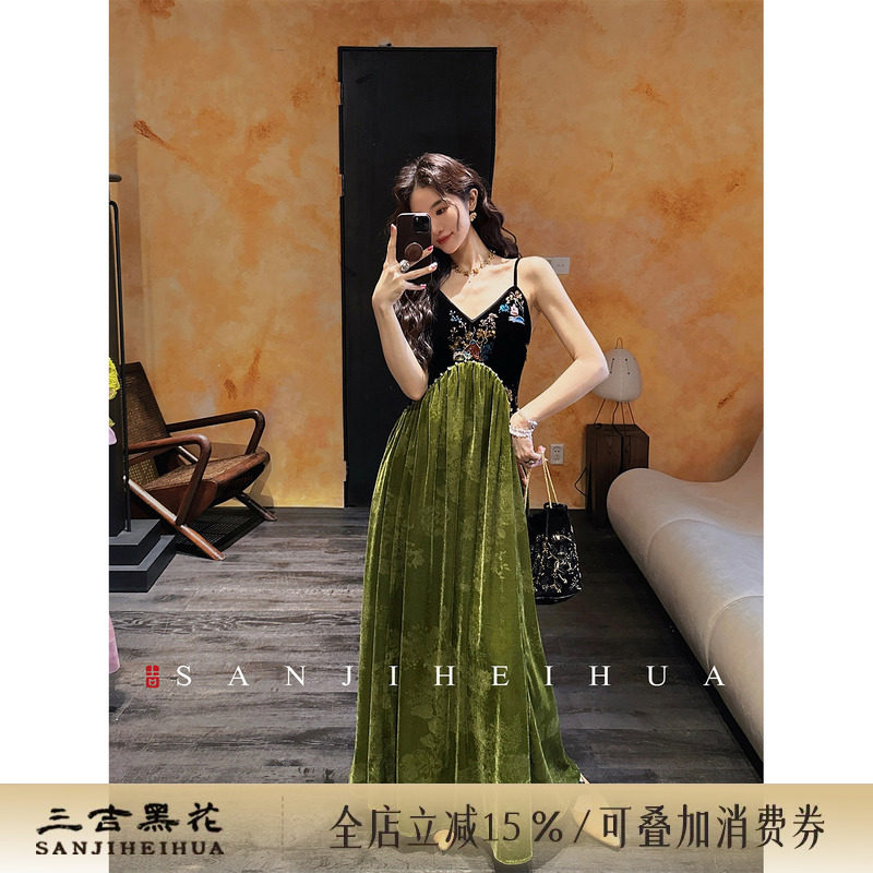 【熊熊专属】三吉黑花【四时春】新中式金箔珠绣人丝绒连衣裙子