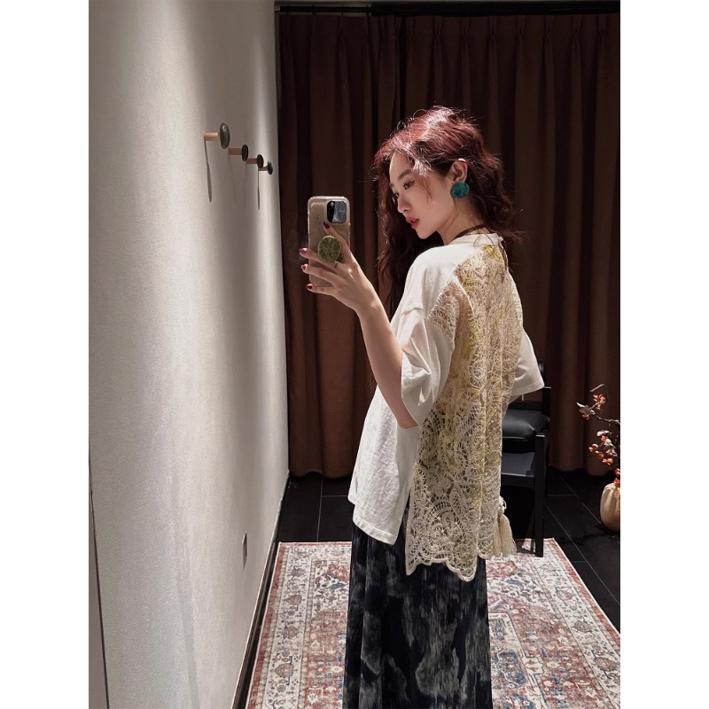 【夏天粉丝专享】三吉黑花【禾风里】短袖女天丝亚麻绣花T恤