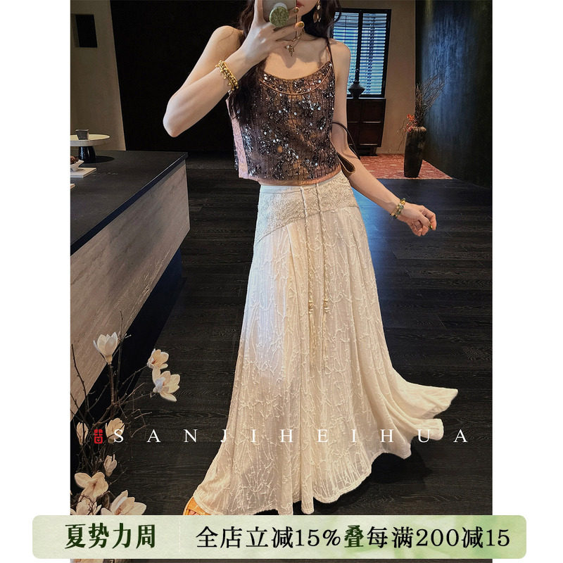 【呼呼专享】三吉黑花【栩栩】新中式珠绣针织半身裙夏女A字长裙