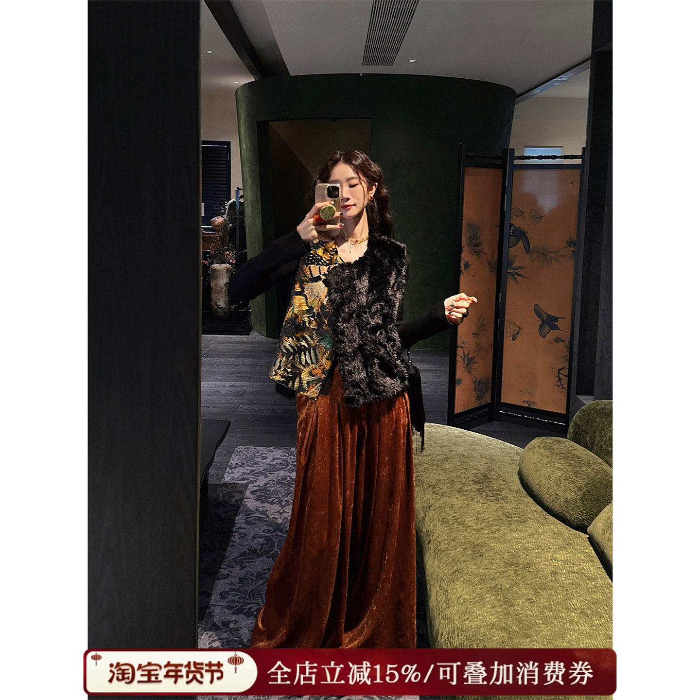 【夏天粉丝专享】三吉黑花【松晚】新中式醋酸丝绒阔腿裤子长裤,女装/女士精品,汉服裤装,淘宝优惠券,粉丝福利购,淘宝优惠卷