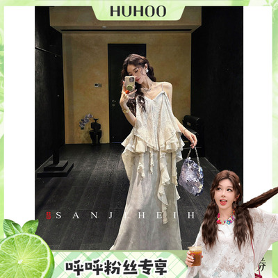 【呼呼专享】三吉黑花 【冷泉】连衣裙天丝烧花多层次荷叶边浪漫