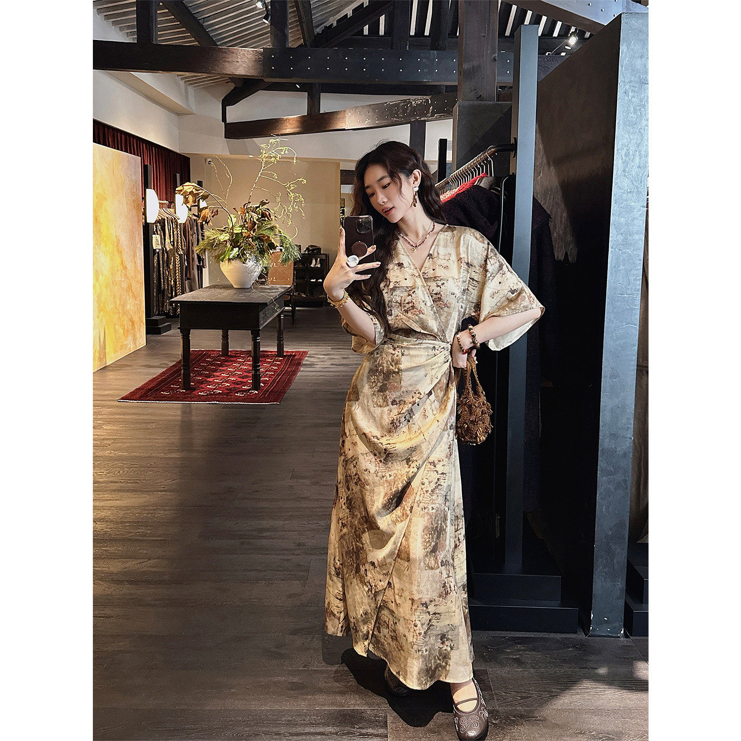 【呼呼专享】三吉黑花【拨夏】新中式连衣裙流行短袖天丝晕彩长裙