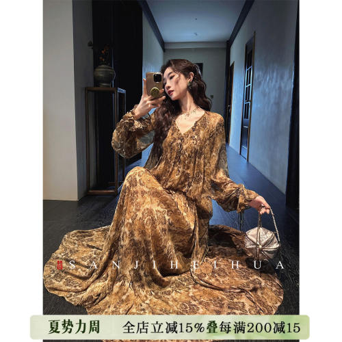 【夏天粉丝专享】三吉黑花【沙洲梦】新中式织金假两件连衣裙子