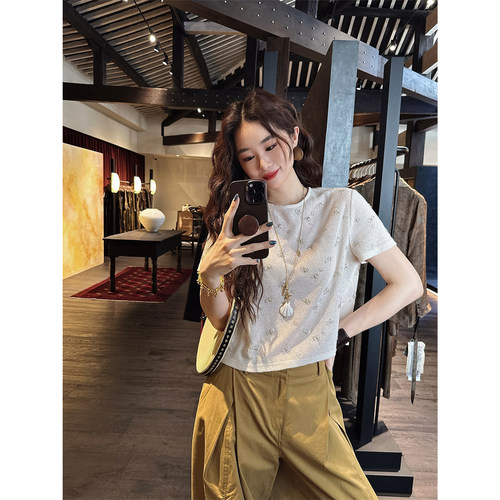 【小琼专属】三吉黑花【萤火】柔软闪闪钉珠针织短袖短袖