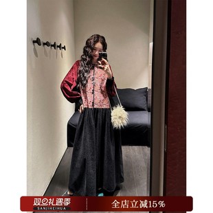 【呼呼专享】三吉黑花【松鹤】国风新中式拼接连衣裙子女秋冬