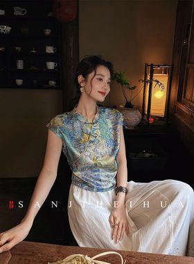 【夏天粉丝专享】三吉黑花【听澜】新中式人丝织金短袖T恤旗袍