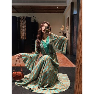 【呼呼专享】三吉黑花【楼兰】早秋连衣裙子长袖提花人丝长裙潮
